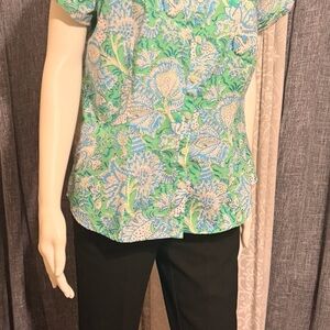 Van Heusen Women's Short Sleeve Button Down Blue, Green, & White Print Women’s L